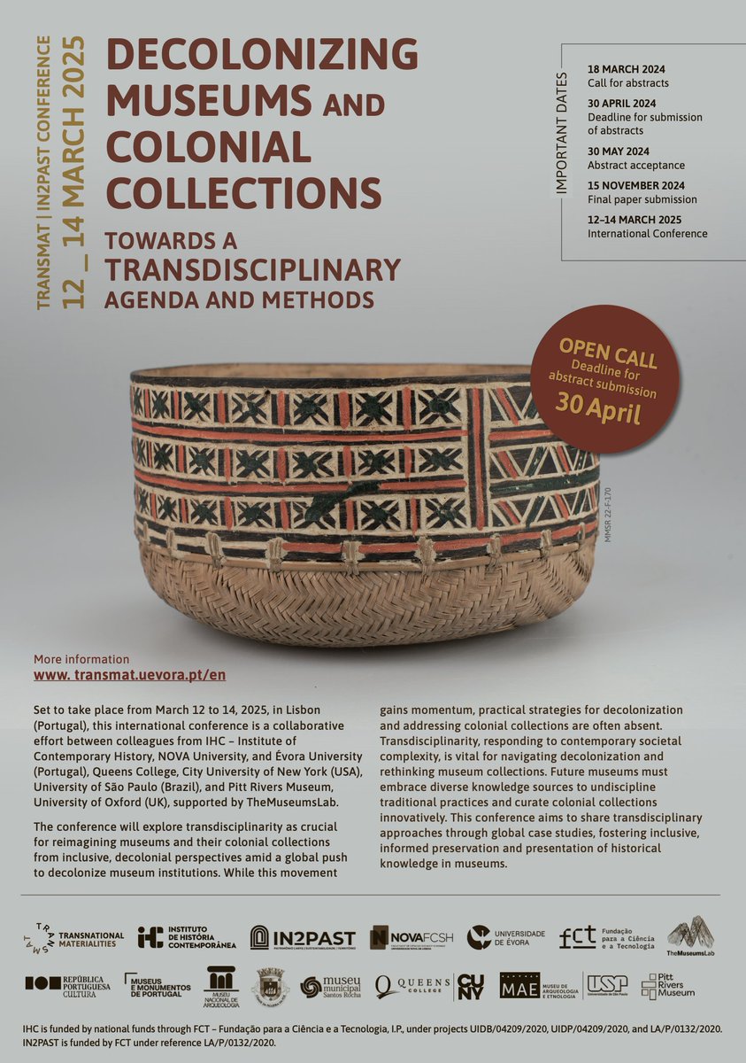 Just a reminder: The submission window for the DECOLONIZING MUSEUMS AND COLONIAL COLLECTIONS Conference is still open! We are looking for to receive your Abstracts. transmat.uevora.pt/en