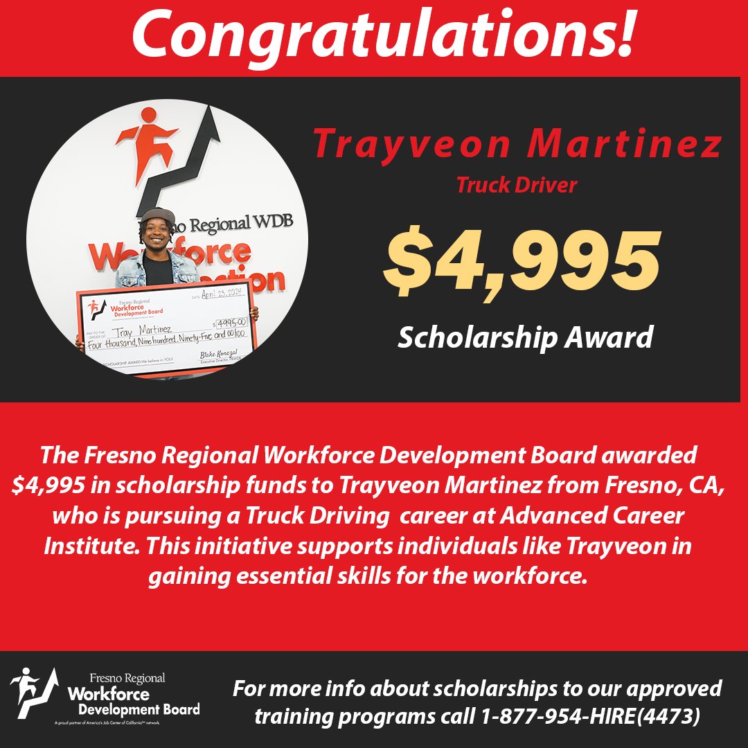 Congratulations to Trayveon Martinez from Fresno, CA, for securing a $4,995 scholarship to pursue Truck Driving! 🚛🌟 Way to go, Trayveon! Your journey towards success on the road starts now! #CareerBoost #Congratulations