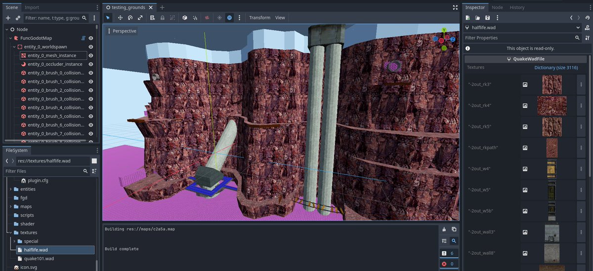 Next #func_godot update, Half-Life WADs now work! It only took me a few hours to whip up, pretty happy with it. Also added transparency support to WAD importing for both Quake and Half-Life WADs. #GodotEngine #gamedev