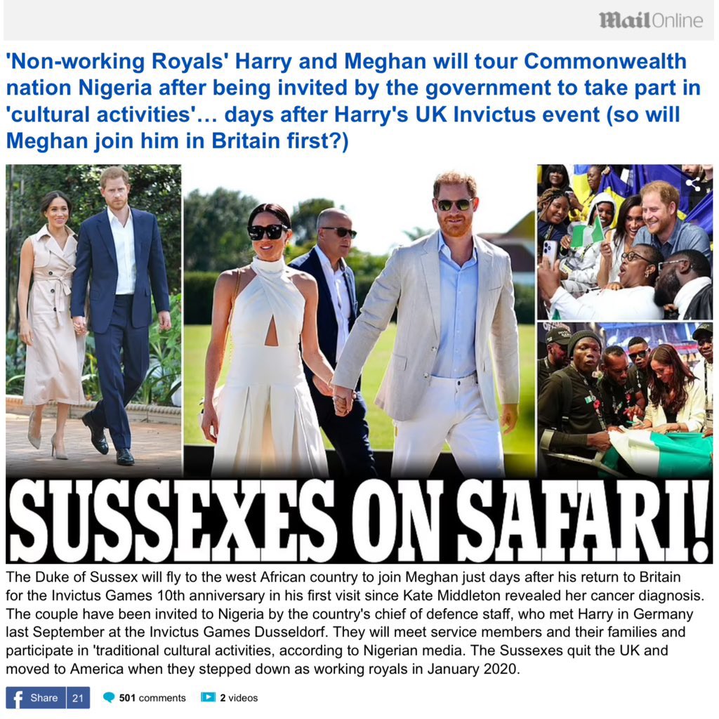 Just when you thought the U.K. Press would’ve ran out of racist headlines regarding #MeghanMarkle & #PrinceHarry 👇

Daily Fail: Hold our beer 🍺 

“Sussexes going to Africa=Safaris” 🤦‍♀️

#DuchessMeghan #HarryAndMeghan #Archie #Lilibet #Nigeria #InvictusGames