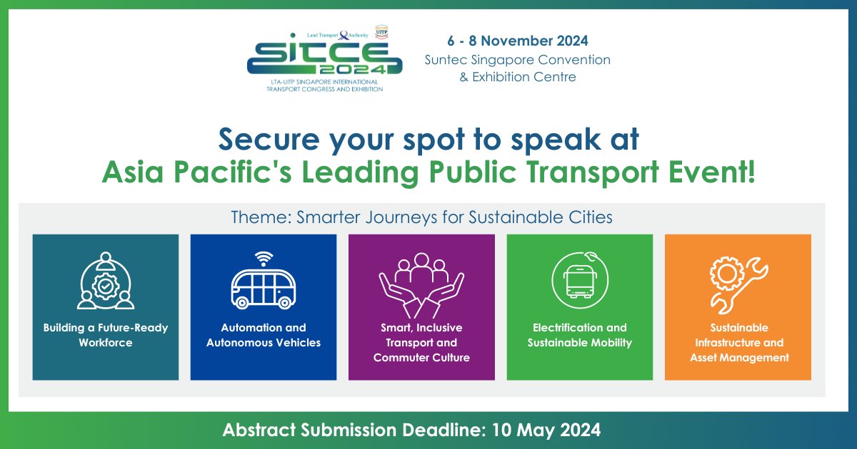 Apply now to speak at the LTA-UITP Singapore International Transport Congress &amp; Exhibition (SITCE), Asia Pacific’s leading transport event. bit.ly/4baSA5a
Don’t miss out on your opportunity to join #SITCE2024 and share your expertise
 #UrbanMobility #SustainableCities