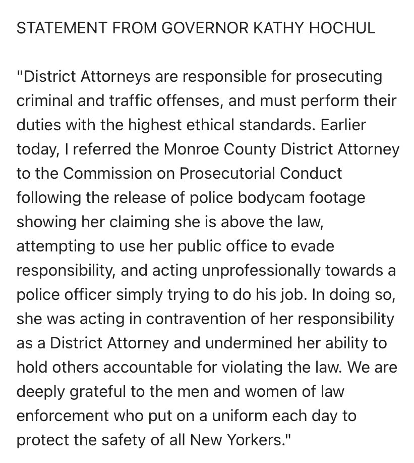 BREAKING: @GovKathyHochul has weighed in on Monroe County DA Sandra Doorley’s behavior during a traffic stop in Webster. She’s referred the case to the Commission on Prosecutorial Conduct. @news10nbc