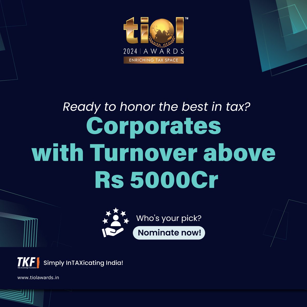 TiolAwards's tweet photo. Nominations open for TIOL Awards 2024.
The categories open for nominations are as following:
1. Corporates with Turnover above Rs 5000Cr
2. Corporates with Turnover between Rs 500 to Rs 5000Cr
3. MSME
4. Startups
5. Tax Technology
6. Facilitators 
Visit https://t.co/3GiGKWcKJe https://t.co/sT923qCZEg