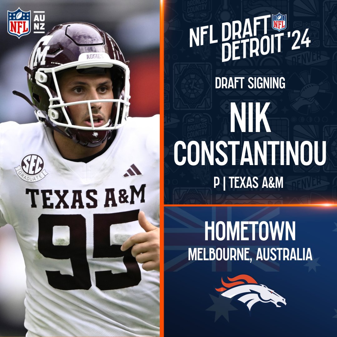 Melbourne ➡️ Texas A&M ➡️ Denver Congratulations to Aussie punter @Nikc_95 on signing with the @Broncos. 📸: AP/Doug Murray