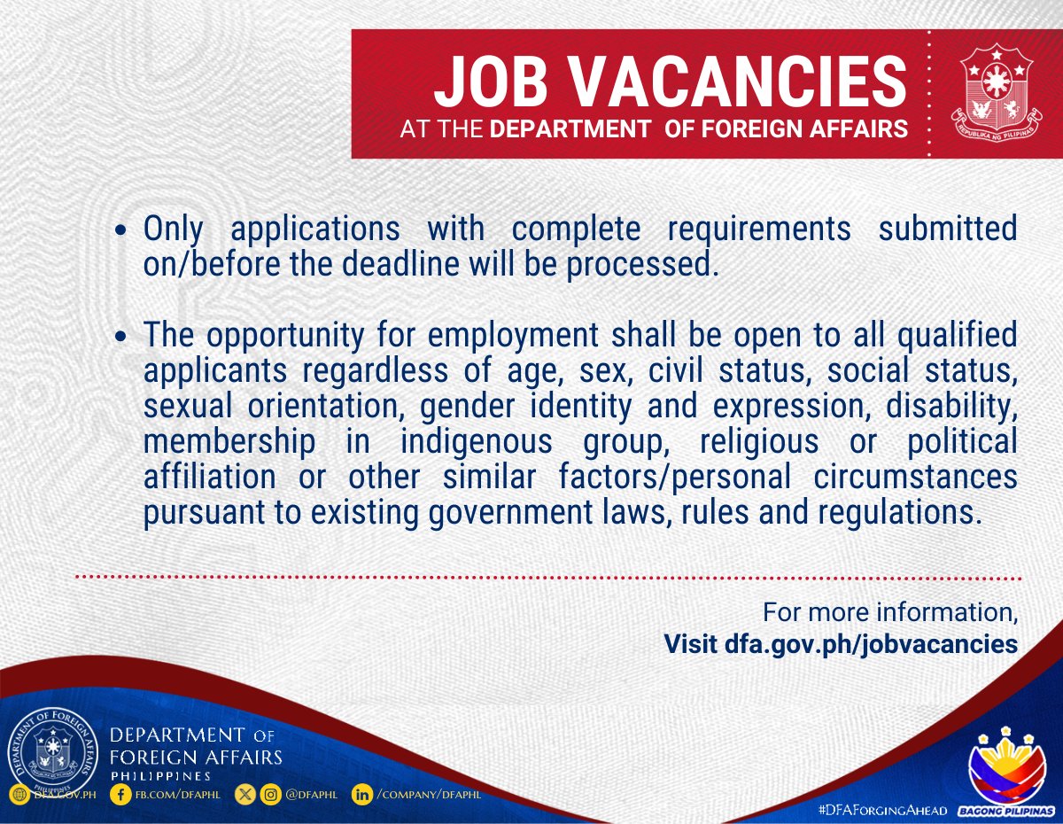 JOB VACANCY ALERT‼️‼️

Visit dfa.gov.ph/jobvacancies for more details.

#DFAForgingAhead