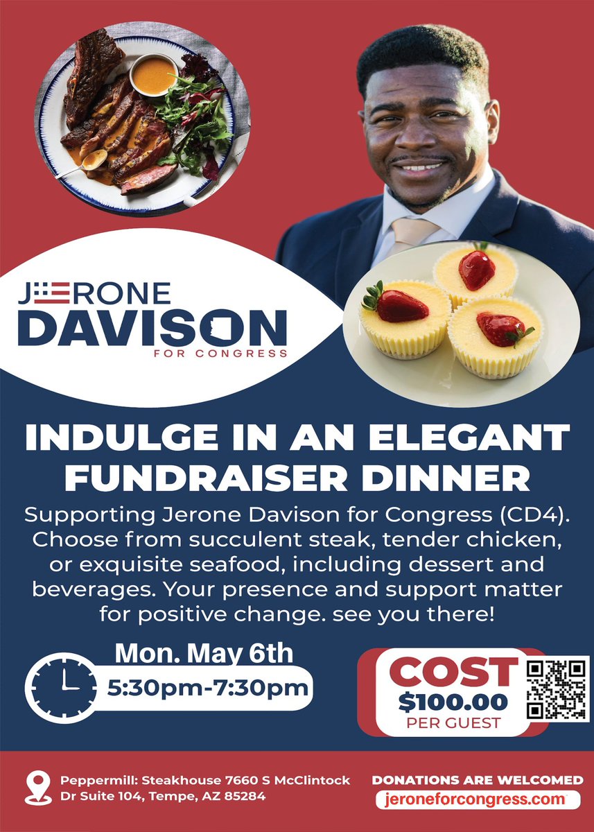 Join us for an enriching evening of Patriotic camaraderie, delectable cuisine, and strategic discussions for #AZCD4. Let’s shape the future together with #JeronDavisonForCongress.” #jeronedavisontheprotector. @ChrisHamletAZ  @RL9631 @AZGOP @ChristianForAZ @BarnettforAZ