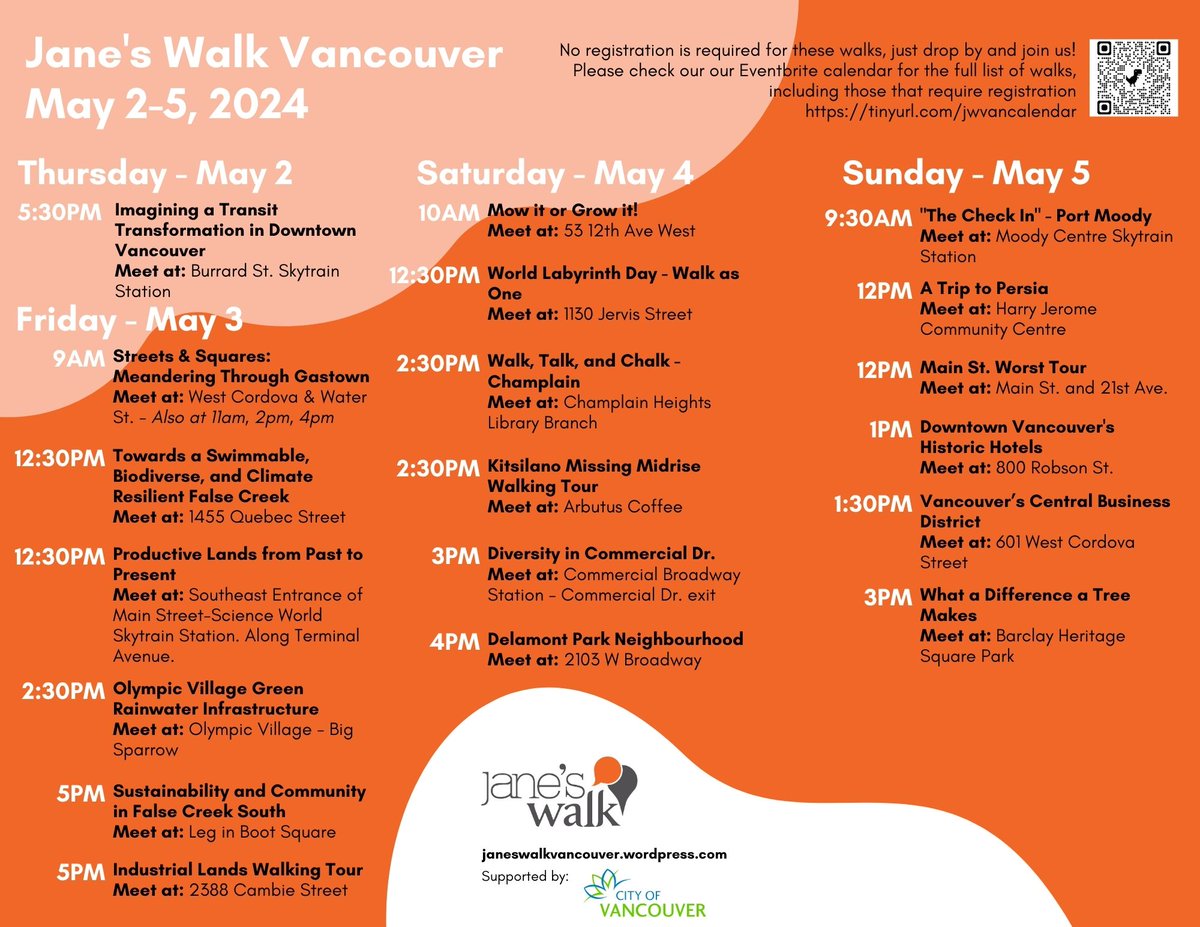 Ahhhhh - just 4 days until the Jane's walk festival begins! Check out this list of walks that you can just drop in to. Full list of walks (including ones that require registration is available on our eventbrite page - eventbrite.ca/o/janes-walk-v…)