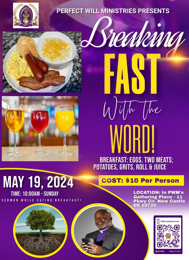 Fun, family, & fellowship time! A time to invite family and friends and come to hear the Word of God over Breakfast (during the Service). We'll serve eggs; potatoes; two meats; grits; a roll; and orange, apple, and cranberry juices. COST: $10 per person. #ComeThru #AllAreWelcome