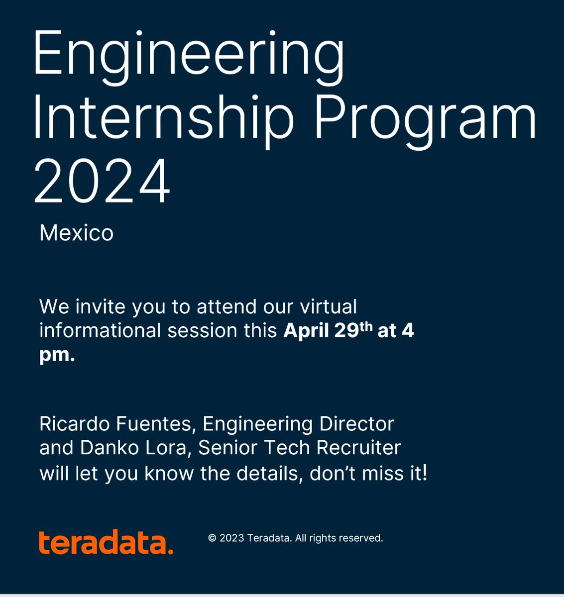#CareerServices | Te invita a la sesión de reclutamiento remota de Teradata. 📅Mañana, 29 de abril 2024 🕓16.00-17.30 h 🌐Registro: bit.ly/BT_ITAM_Reclut…