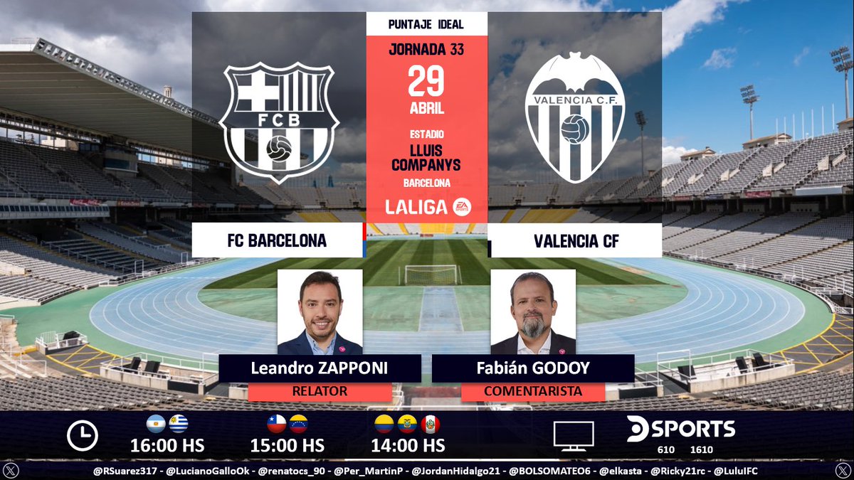 ⚽ #LaLiga 🇪🇸 | #FCBarcelona vs. #Valencia 🎙 Relator: @leandrozapponi 🎙 Comentarista: @fabig08 📺 @DSports (610-1610 HD) Sudamérica 💻📱@DGO_Latam 🤳 #LaLigaEnDSPORTS - #BarçaValencia Dale RT 🔃