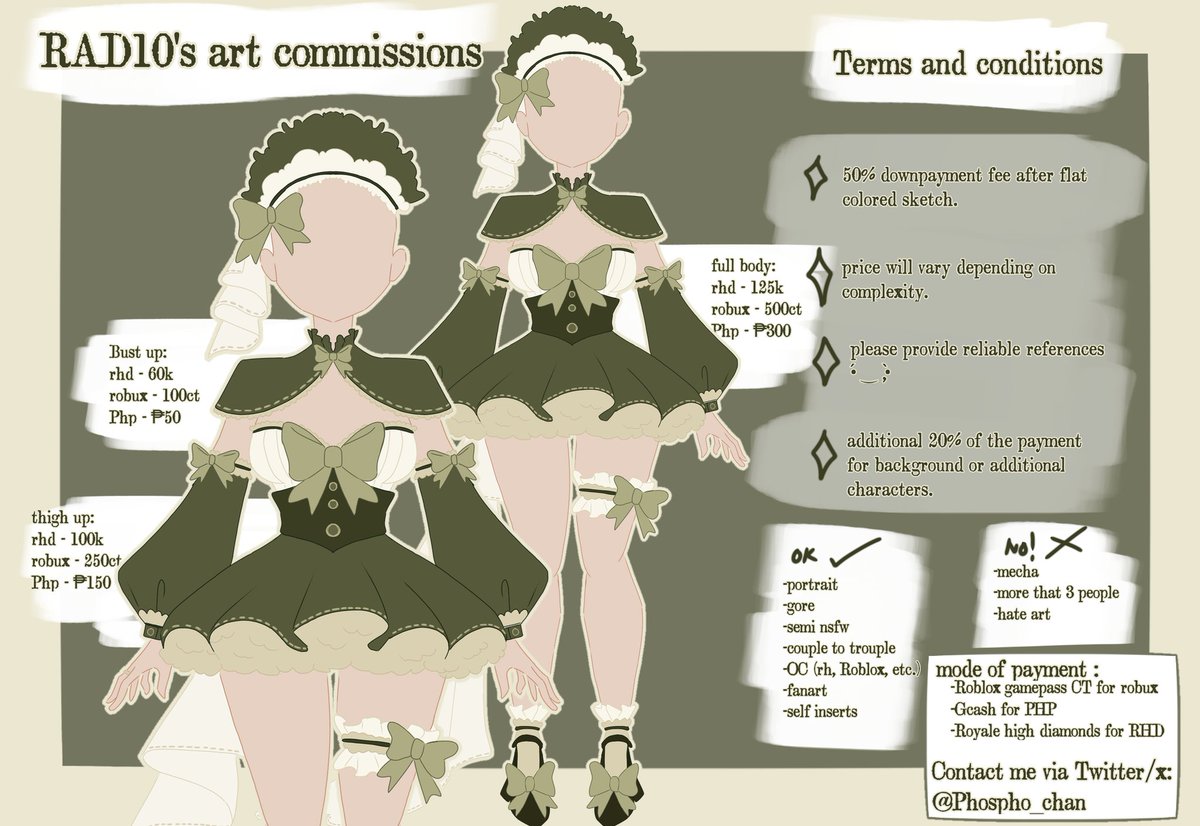 RAD10's Art commissions☆
-OPEN!
3/3 slots & 3/3 waitlist 
Prices are in the sheets

-piece may take about a week or 2 depending on complexity so pls be patient with me :3
Like & rt are appreciated!
#royalehigh #royalehighart #RHTC #robloxart #commissionopen
Samples in 🧵