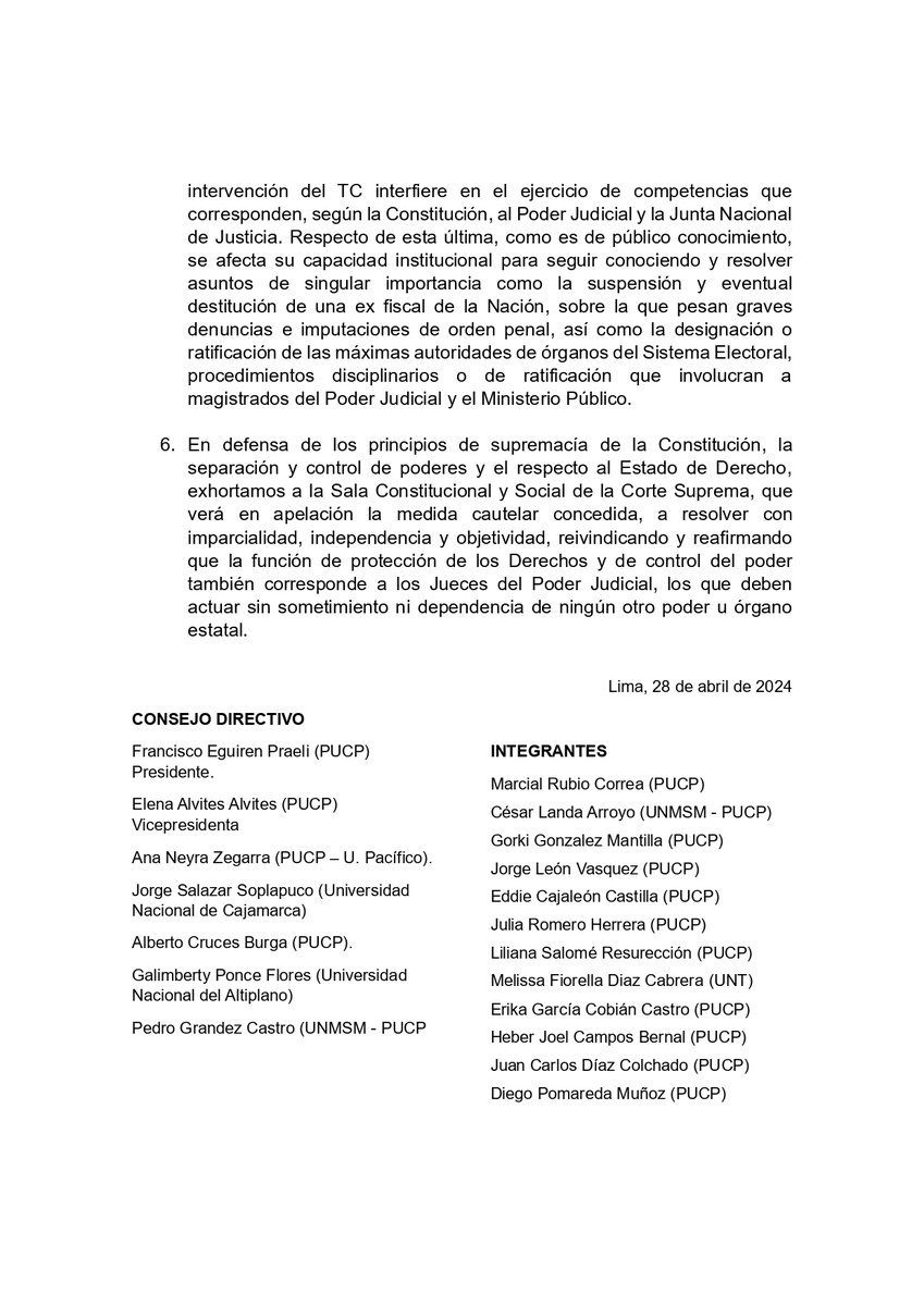 Frente a la actuación abiertamente irregular del Tribunal Constitucional, la Sociedad Peruana de Constitucionalistas se pronuncia en los siguientes términos: