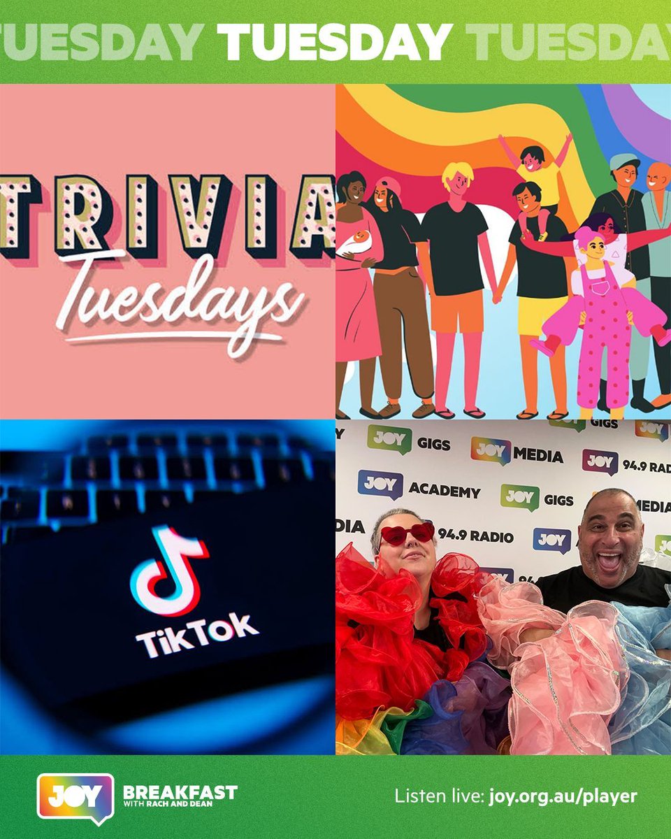 Tuesday morn on @JOY949, Rach & I get our tricky trivia on, as well as find out what the deal is with TikTok Notes & learn about Rainbow Family Playgroups.

Join us & start your day with pride from 7-9am.
#JOYBreakfast  
#JOY30