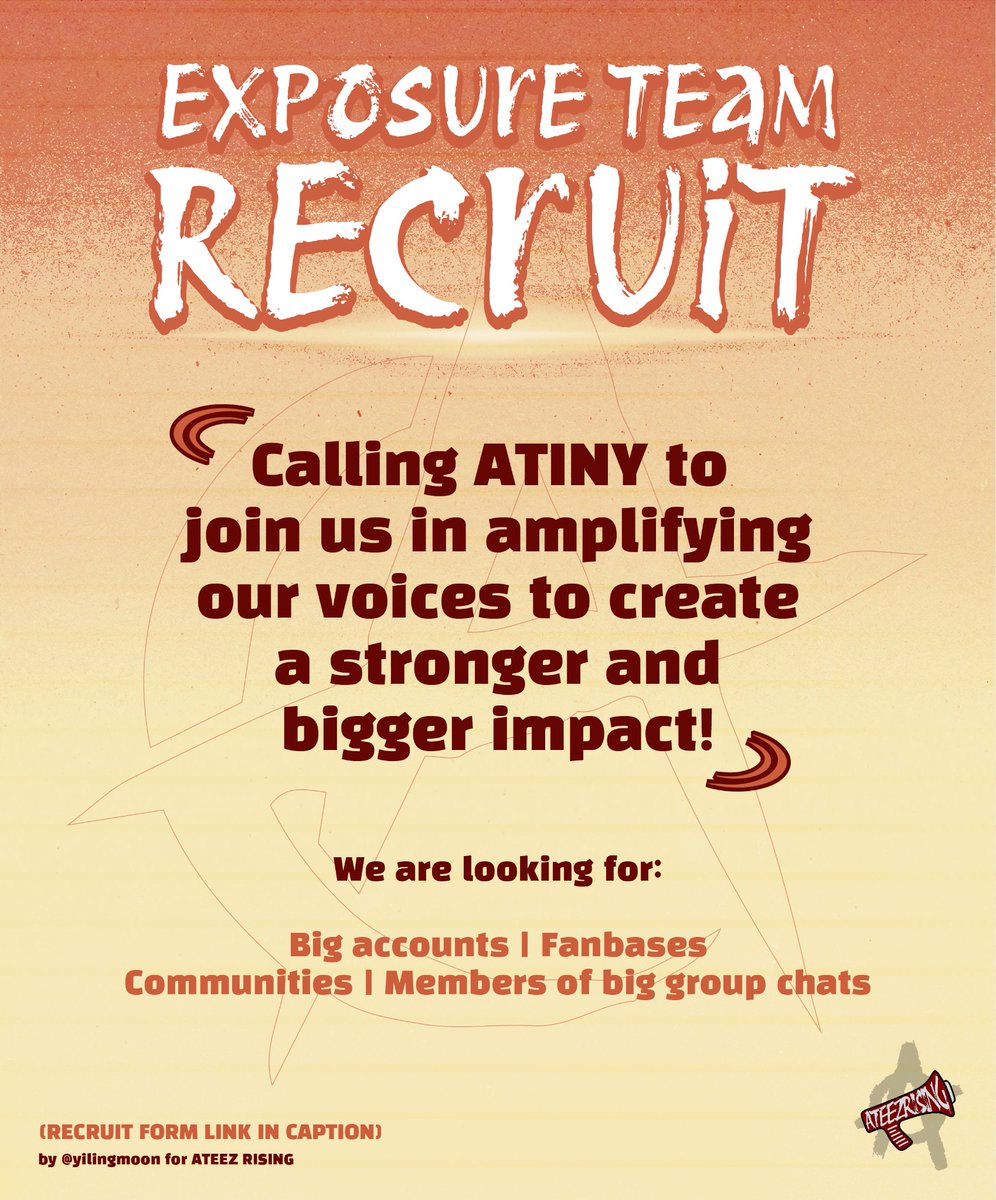 📣 EXPOSURE TEAM RECRUITMENT ATINY! Are you interested in promoting ATEEZ CB to the fullest? Check out the form to see if you meet the criteria: forms.gle/LcFWkpyBxmkPkt… #GOLDENHOUR_Part1 #ATEEZ #에이티즈 @ATEEZofficial