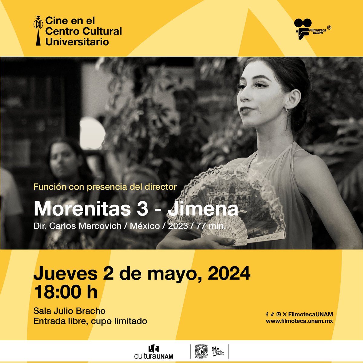 🎬'Morenitas 3 – Jimena' (2023) continúa, evoluciona y concluye, por ahora, la trilogía de documentales de Carlos Marcovich. ✨️Función especial con el director: jueves 2 de mayo | 18h #EntradaLibre filmoteca.unam.mx/exhibiciones/m…