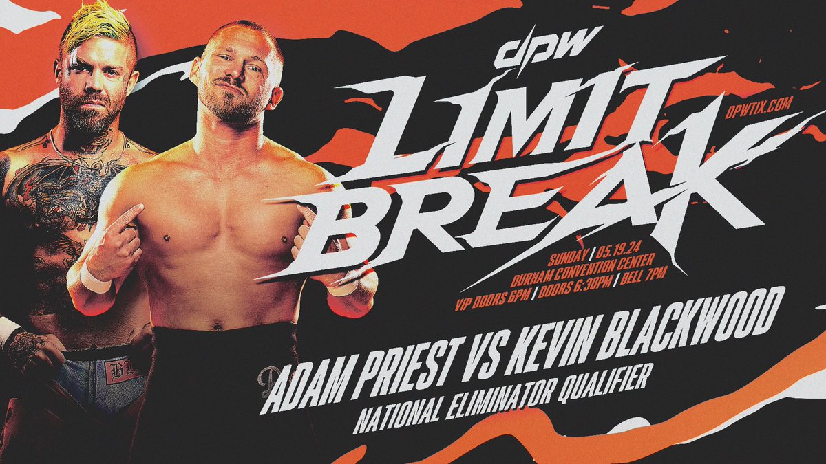 The winners of BOJACK/Kozone & Blackwood/Priest will face off in an eliminator match in June to find out the next challenger for the DPW National Championship currently held by Bryan Keith! DPW Limit Break 🗓️ 05/19 | Durham, NC 🎟 dpwtix.com