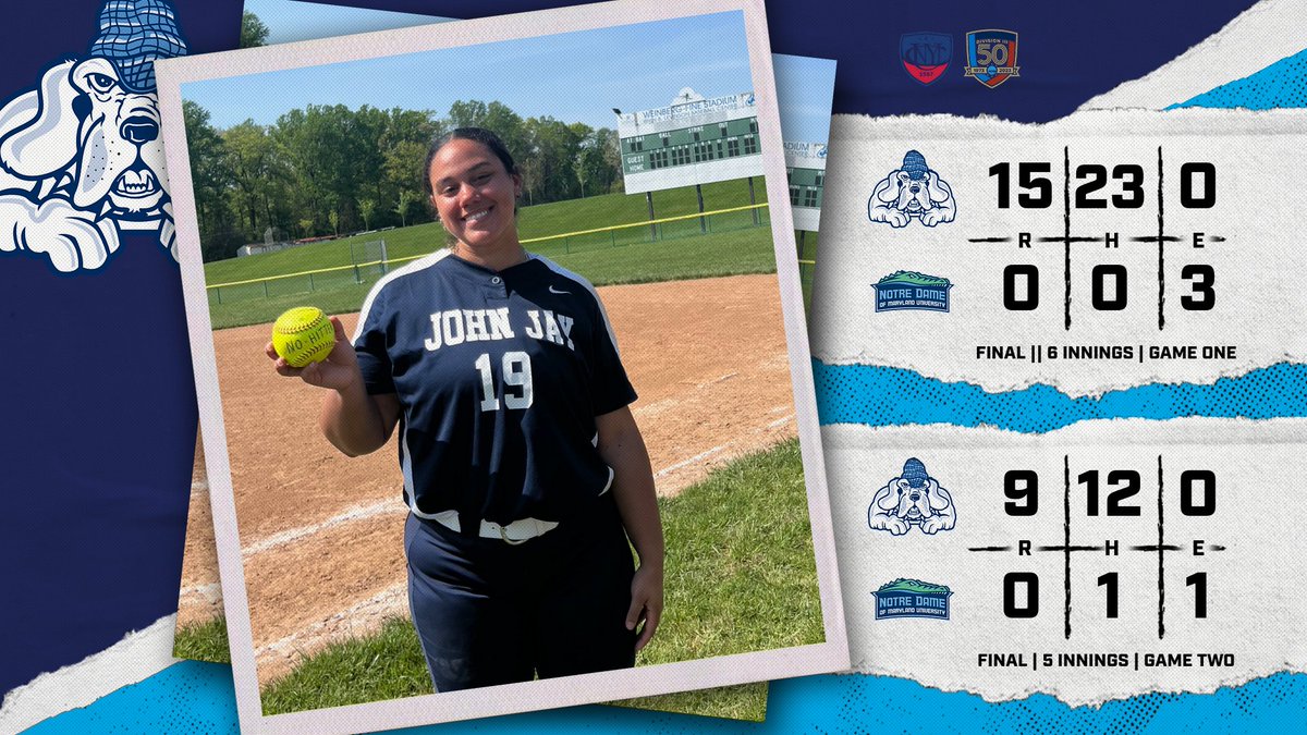 @CUNYAC @d3sports @D3SportsData BLOODHOUNDS WIN!!!! John Jay softball records a doubleheader sweep of Notre Dame Maryland on Sunday afternoon! Jailene Santiago (Game 1)- NO-HITTER | 6.0 IP, 1 BB, 5 K Lindsay Ogden (Game 2) - 1 HITTER | 5.0 IP, 2 BB, 7K #GoBloodhounds | #cunyac | #d3softball
