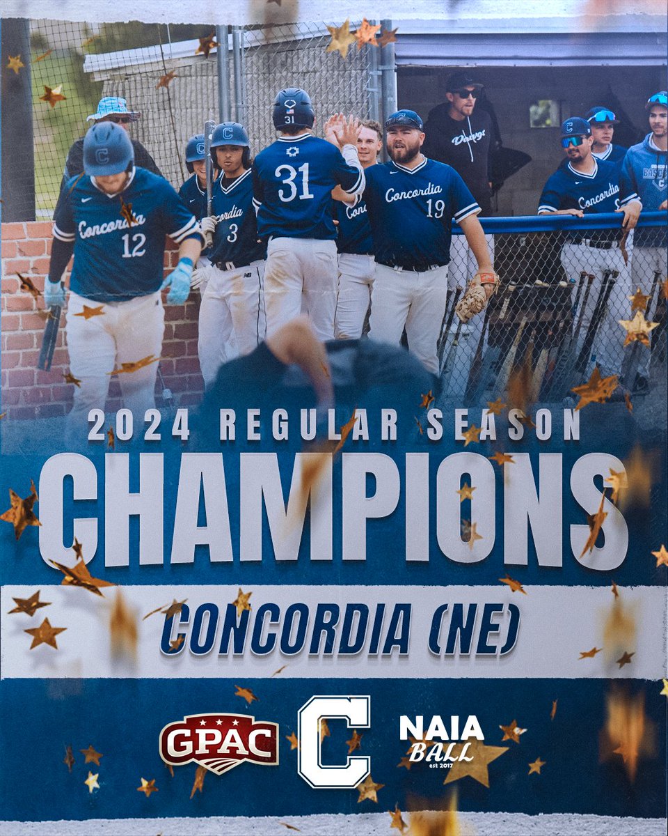 NAIABall's tweet photo. 🚨 #19 Concordia (37-12) secures the 2024 GPAC Regular Season Championship! This is the 4th Regular Season Title under head coach Ryan Dupic. The Bulldogs punch their ticket to the National Tournament for the 5th year in a row!
#NAIABall @cunebulldogs @cunebaseball @GPACSports https://t.co/AdWsxheOif