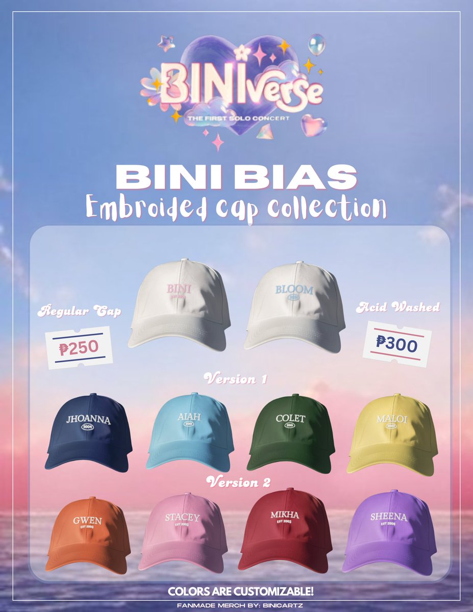 🌸Embroided BINI Bias Cap G.A 🌸

✨Get A Chance To Surprise or Be Surprised ✨

 Mechanics: 
🌼 Must Follow, RT/Like
🌼 Comment: To surprise or be surprised + mem name + cap version + color (reg cap only) #Bini
🌼 Opt: Tag moots
🌼 End: May 3