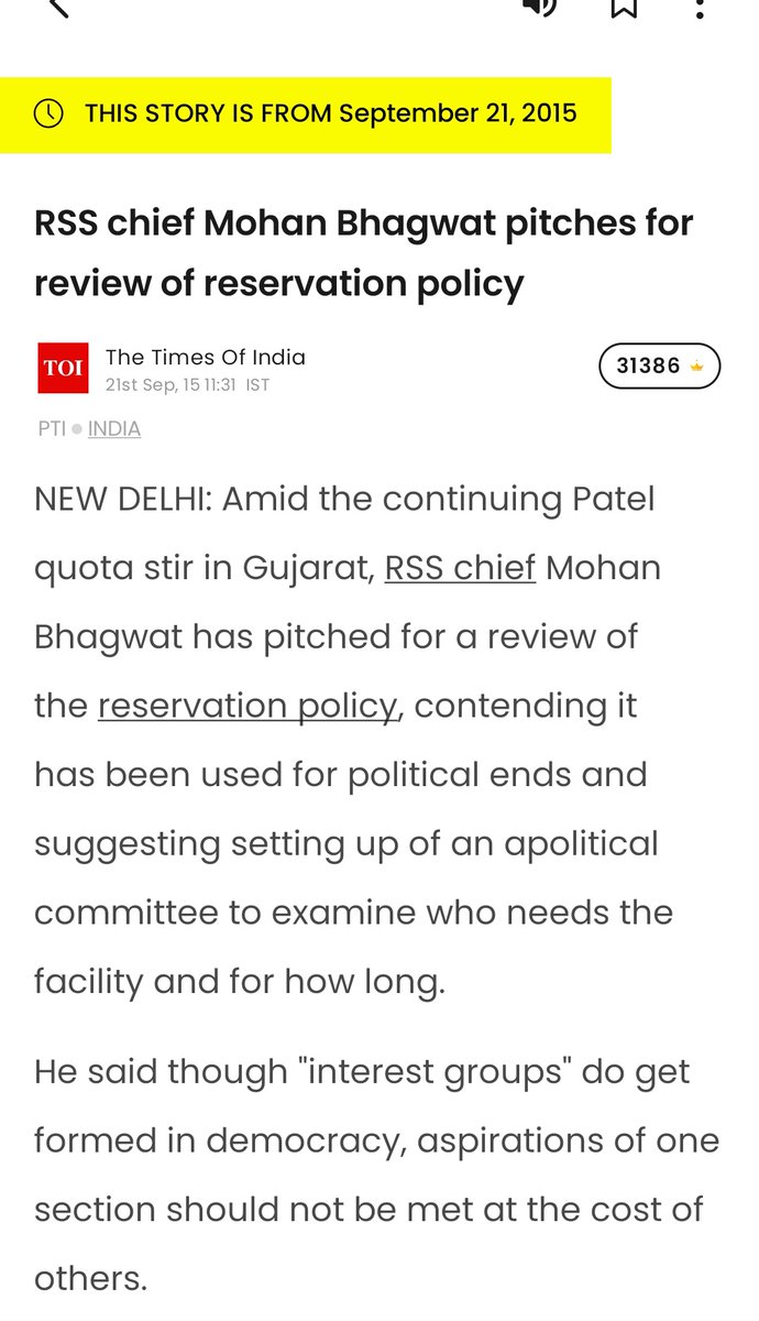 See their doublespeak! R$S had organised anti-reservation agitations. Even in 2015 MohanB had called for 'review' of reservation policy because he claimed 'aspirations of one section should not be met at the cost of another'

They don't admit their agenda before elections!