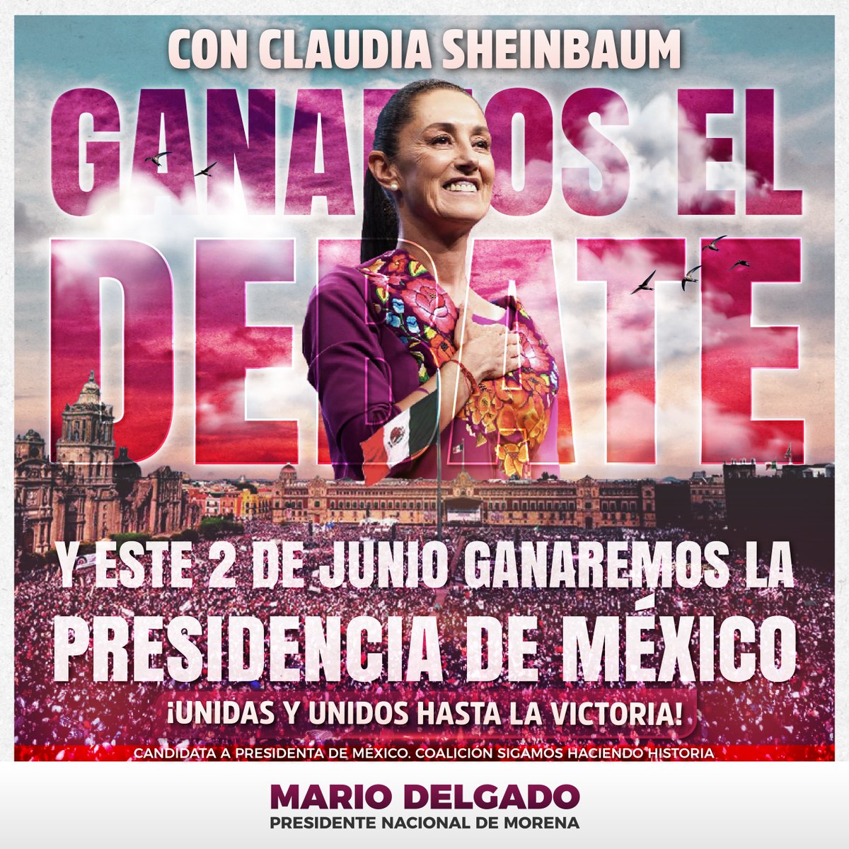 ¡Ganamos el #SegundoDebateINE! 
Y gracias a tu apoyo también ganaremos la Presidencia de la República con #ClaudiaPresidenta. 

Cada día está más cerca el 2 de junio y el inicio del segundo piso de la #Transformación. #ClaudiaArrasaDebate