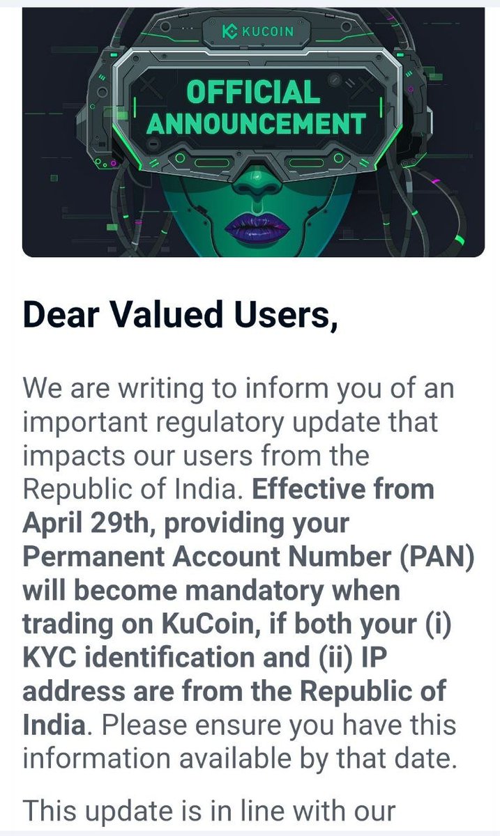 🔥Big Breaking : 🔥Important Announcement from Kucoin. 

Now it is mandatory to update PAN number with them. Soon or later it will be for every exchange.
#kucoin #cryptocurrencies #reducecryptotax #Bitcoin