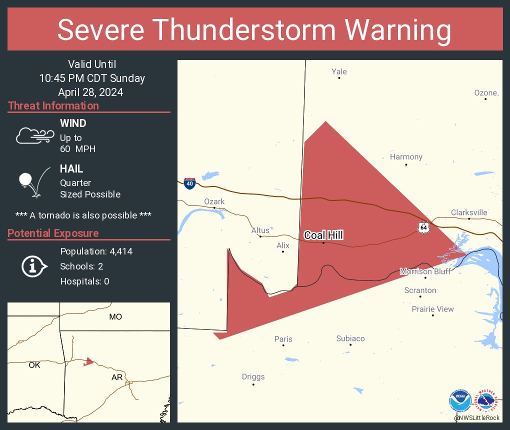 Severe Thunderstorm Warning including Coal Hill AR and Hartman AR until 10:45 PM CDT