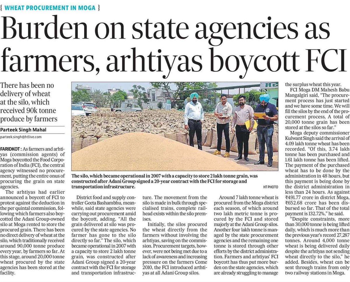 As farmers & arhtiyas of #Moga boycotted #FCI, the central agency witnessed no procurement, putting the entire onus of procuring the grain on state agencies. Farmers also boycotted the Adani Group-owned silo at Moga rented to store the procured grain.