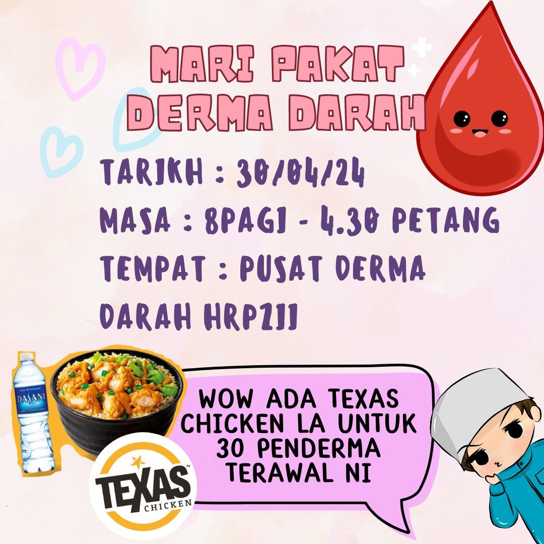 Jom tuan/puan yang budiman. Tolong datang derma darah bagi membantu para pesakit di hospital. Kami sediakan juadah istimewa untuk para penderma esok 30/04 di Pusat Derma Darah HRPZII. 

Pakat mari deh, kami tunggu ☺️ #dermadarahselamatkannyawa #jomdermadarah #darahtakpernahcuti