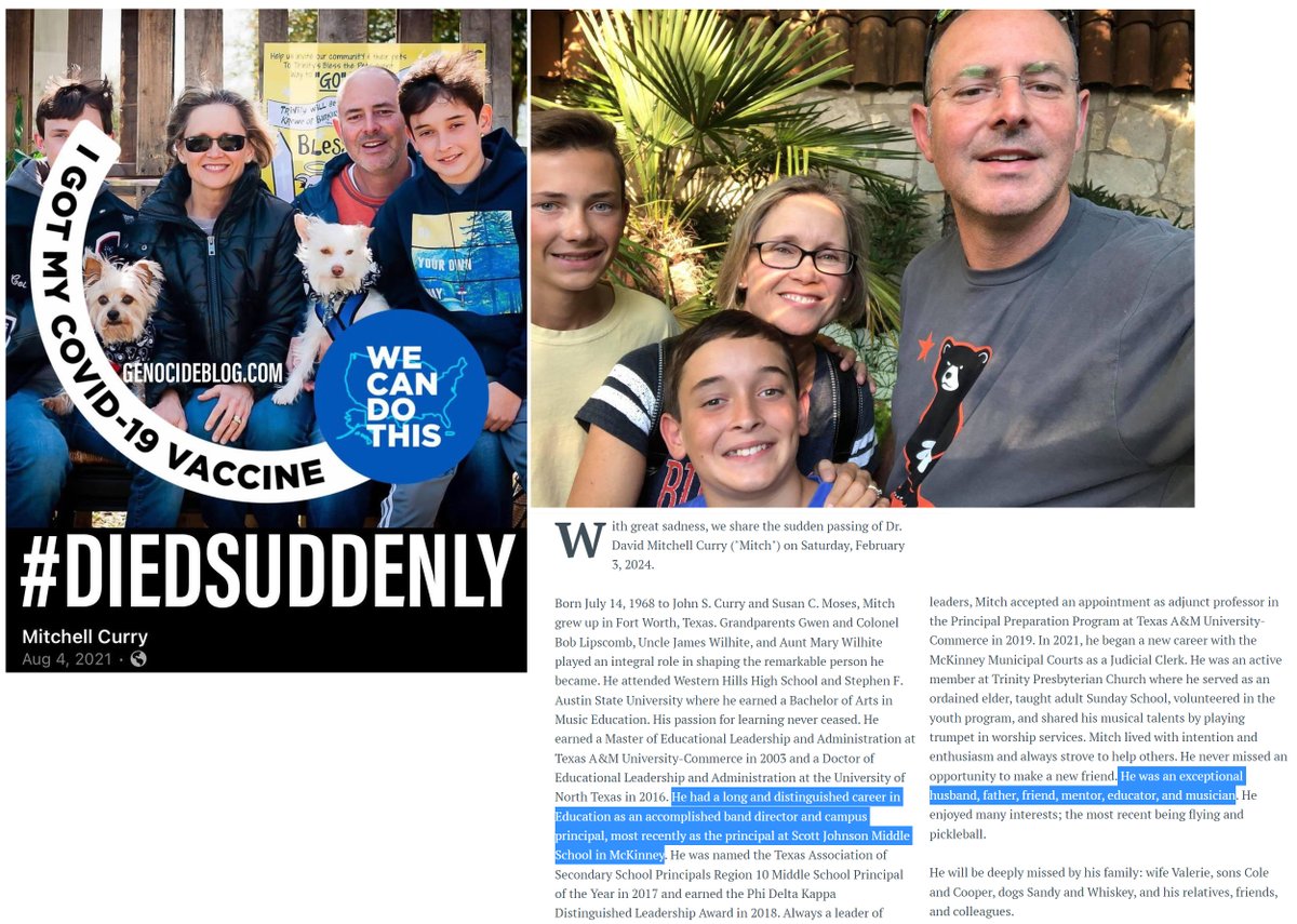 McKinney, TX - 55 year old Mitchell Curry died suddenly on Feb.3, 2024.

He was a teacher, principal, band director, musician and most recently a judicial clerk.

COVID-19 mRNA Vaccine Sudden Deaths are at an all time high

#DiedSuddenly