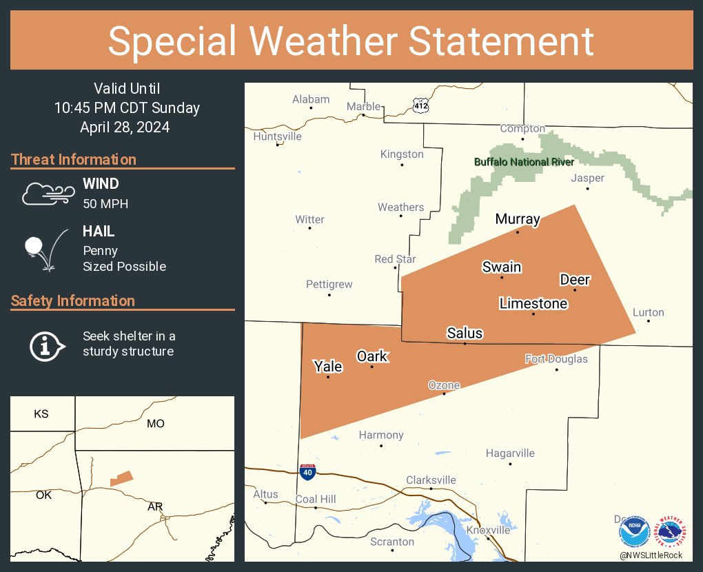 A special weather statement has been issued for Oark AR, Yale AR and Parthenon AR until 10:45 PM CDT