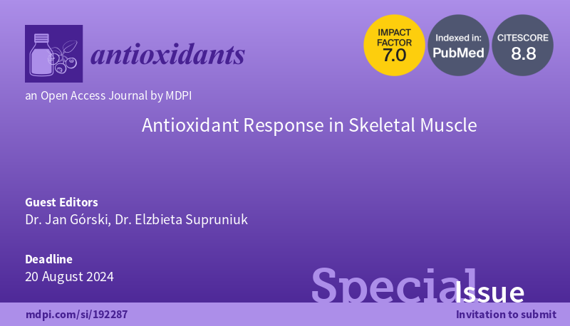 👏First paper published in #SpecialIssue 'Antioxidant Response in #SkeletalMuscle' edited by Dr. Jan Górski and Dr. Elzbieta Supruniuk. 📎Access the full paper by Prof. Blottner et al. here: mdpi.com/journal/antiox…