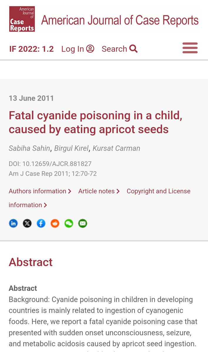 28-month-year-old died from eating apricot seeds. Cyanide poisoning. One might not want to promote eating seeds of apricots. amjcaserep.com/abstract/index…