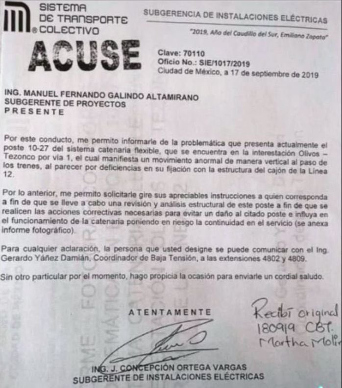 Aquí está la verdad. La candidata de la mentiras dice no tener nada que ver con la caída de la Línea 12 del metro de la CDMX. La verdad es que un año y medio antes le advirtieron en oficio que había problemas con la estructura y no hizo nada. Aquí la evidencia ⬇️