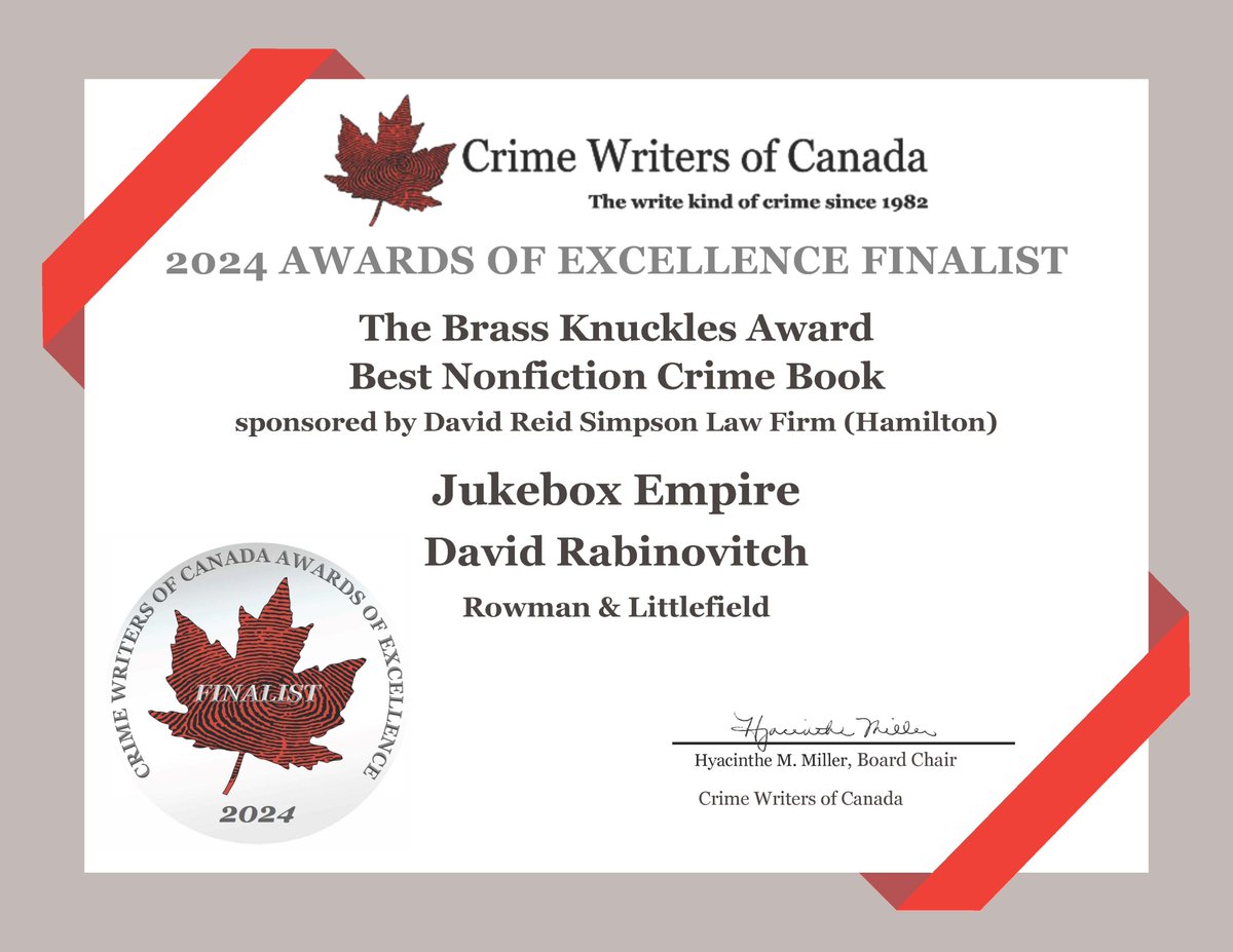 Jukebox Empire is on the shortlist for the Brass Knuckles Award for Best Nonfiction Crime Book of Crime Writers of Canada. here's the certificate: jukeboxempire.com #truecrime #mob #mafia #jukebox @DaisyCatNine @RLPGBooks @crimewriterscan