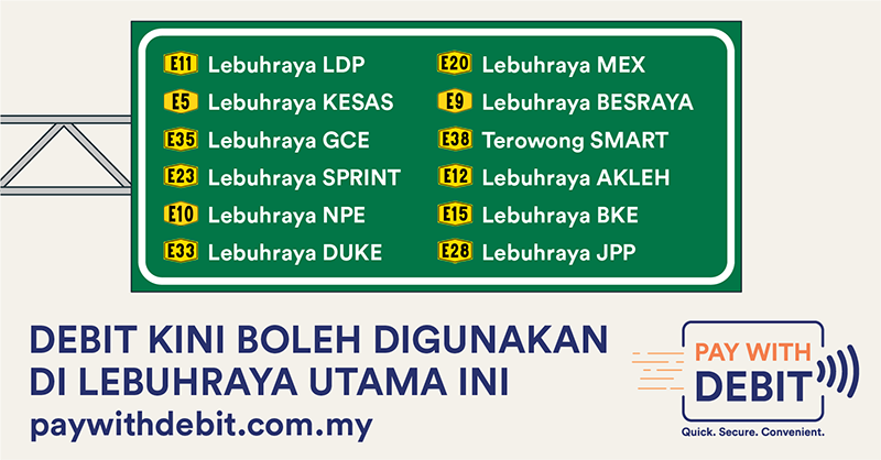 PayWithDebit's tweet photo. Mudahkan perjalanan anda dengan pembayaran di plaza tol yang kini lebih selamat! Hanya perlu sentuh &amp; bayar menggunakan kad Debit di lebuh raya utama! Senang kan? #BendaBaikKenaKongsi