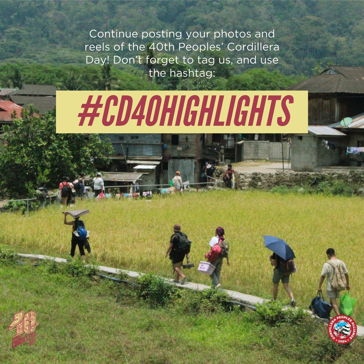 CPA_Cordillera's tweet photo. #CD40HIGHLIGHTS!
Continue sharing your photos and reels of the Peoples' Cordillera Day! Don't forget to tag us and use the hashtag: #CD40HIGHLIGHTS!
Looking forward to your creative and inspiring shots! Tumured, Sumkad!
#CD40PH
#CordiCouragePH
#DefendCordilleraPH https://t.co/iovwmGyUvb