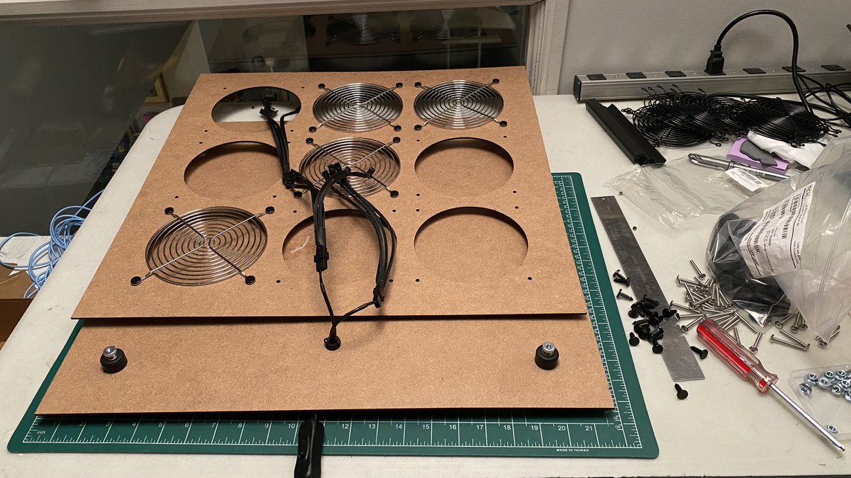 Working on this one-off 9 x 140mm fan monster that will use four 20x20x2' filters. Maybe something I'll make available if it works as well as I'm hoping. #corsirosenthalbox #CovidIsAirborne #IndoorAirQuality