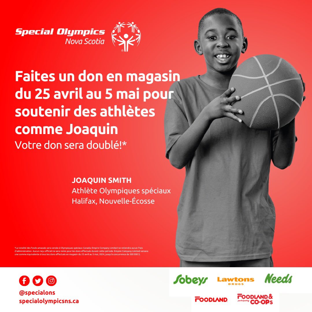 « Au cours du programme, Joaquin a l’occasion de faire du sport et d’interagir avec d’autres enfants ayant une déficience intellectuelle et développementale»   Les magasins des bannières d’Empire Company Limited (Sobeys Inc.) du 25 avril au 5 mai! ✨Envie de relever le défi? ✨