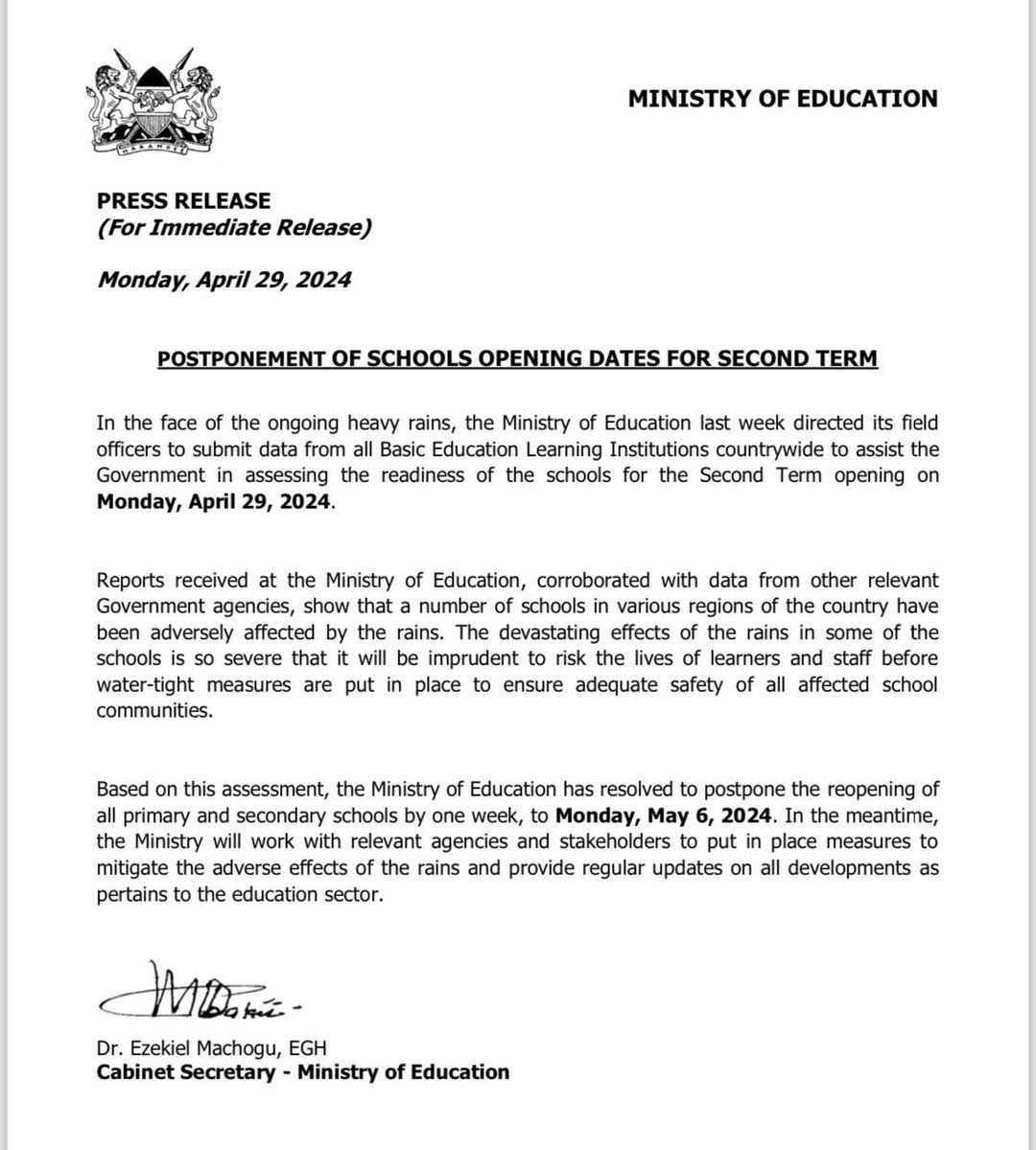 The Government has postponed re-opening of primary and secondary schools for 2nd term by one week from April 29 to May 6 following ongoing heavy rains, CS Machogu says.