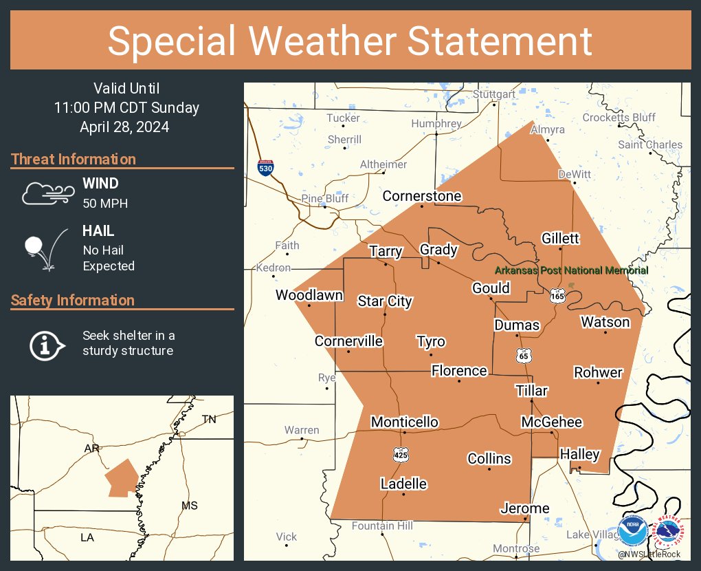 A special weather statement has been issued for Monticello AR, Dumas AR and McGehee AR until 11:00 PM CDT