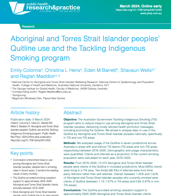 Community-based #smoking cessation services like @TISprogramme and #Quitline are valuable for supporting Aboriginal & Torres Strait Islander people who want to quit. Link to this new research 👇 loom.ly/0yhm_js