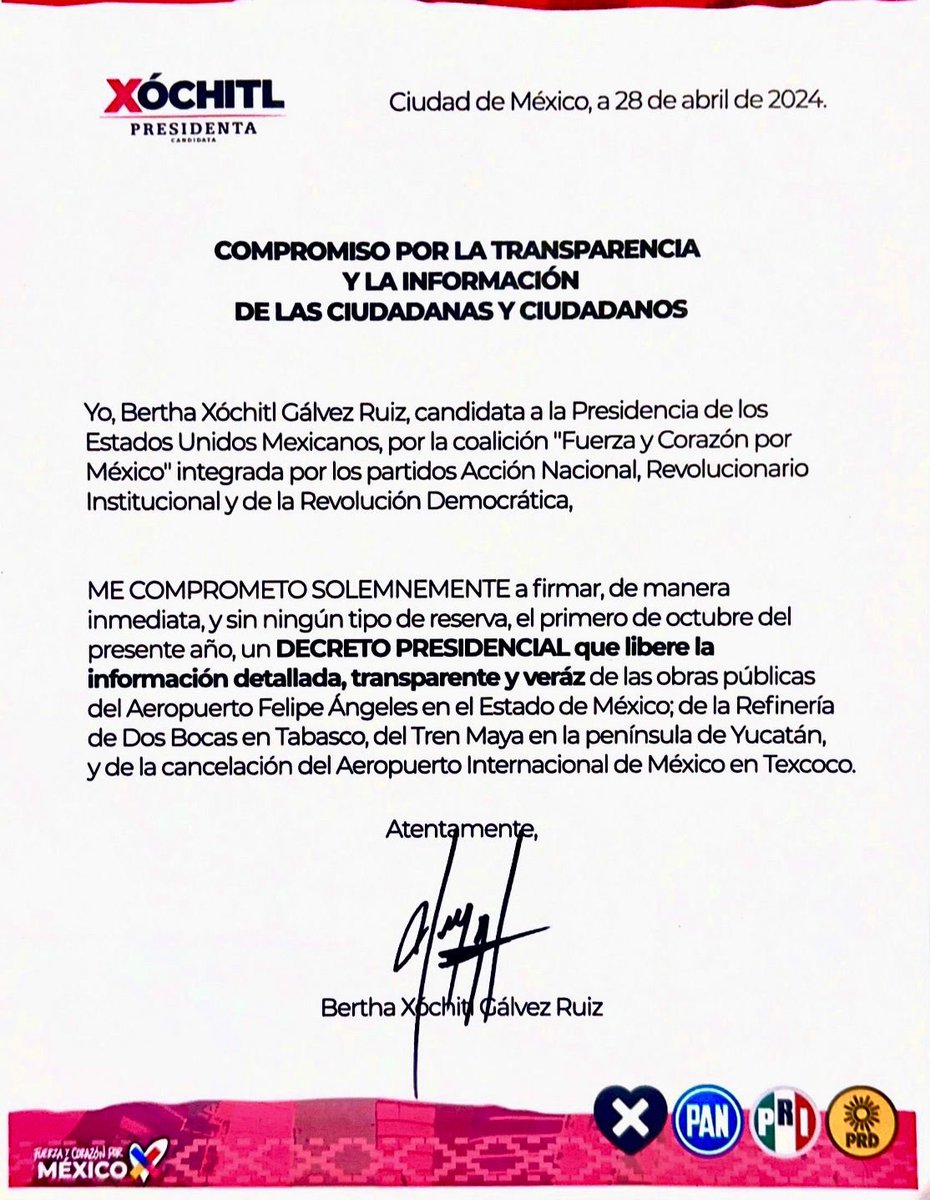 XochitlGalvez's tweet image. El primer día de mi gobierno firmaré un decreto para transparentar TODOS los contratos del AIFA, de Dos Bocas, del Tren Maya y de la cancelación del Aeropuerto de Texcoco. 

¿Se animará la candidata de la mentiras a firmar el mismo compromiso?