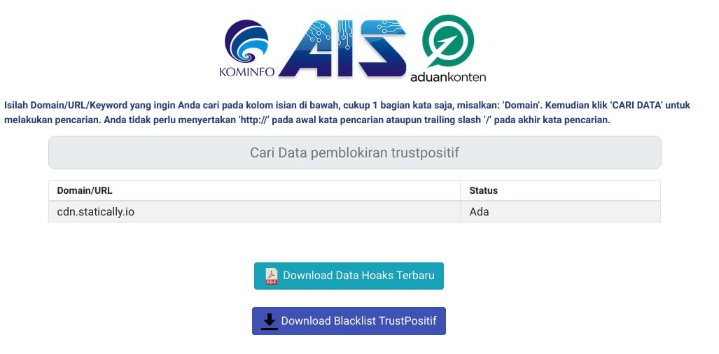 petanikode's tweet photo. Duh! @kemkominfo blokir CDN Statically 🤨. CC @staticallyio what do you think? Banyak web developer yang pakai layanan ini, terutama buat load file dari Github via CDN, bikin avatar, Screenshot, dan OG Image. https://t.co/KAxVQHht2e