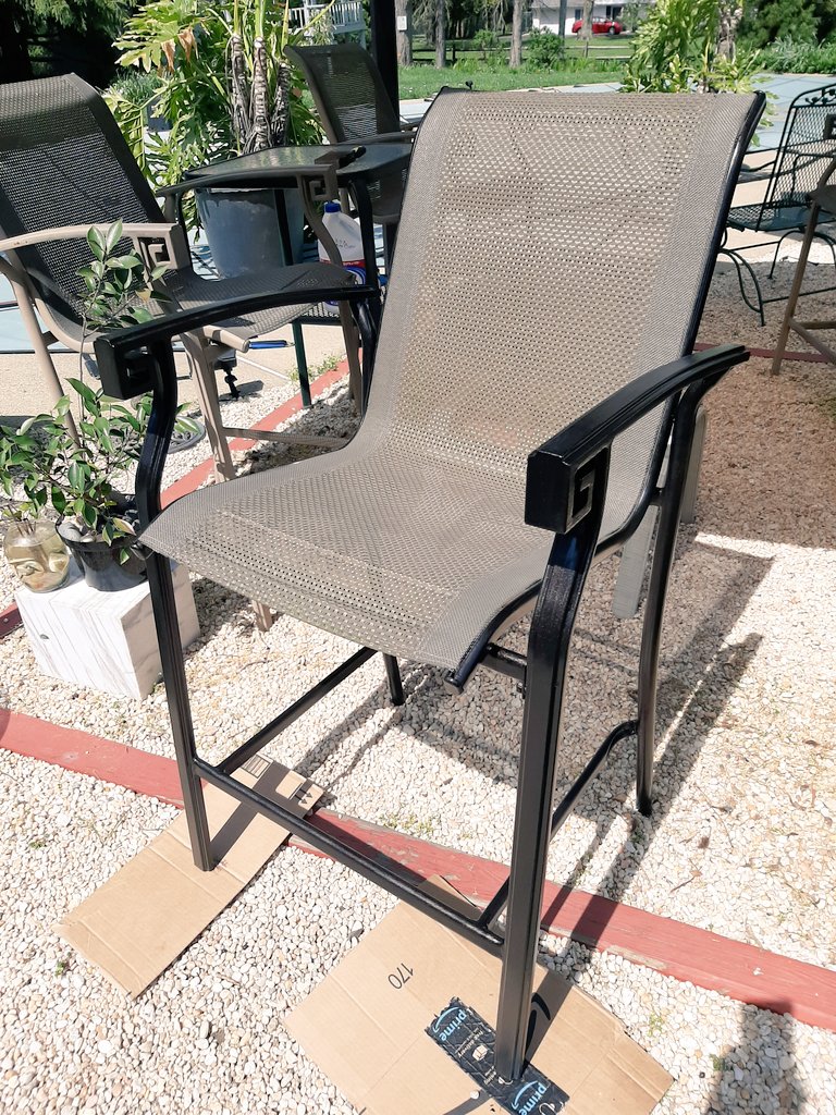 Working on refurbishing my outdoor bar chairs. These have been outside for years. Powder coated aluminum. I'm cheap so I decided to coat them with a minwax 'oil rubbed Bronze' paint to see if I can squeeze some more use out of them. Came out better that I expected.