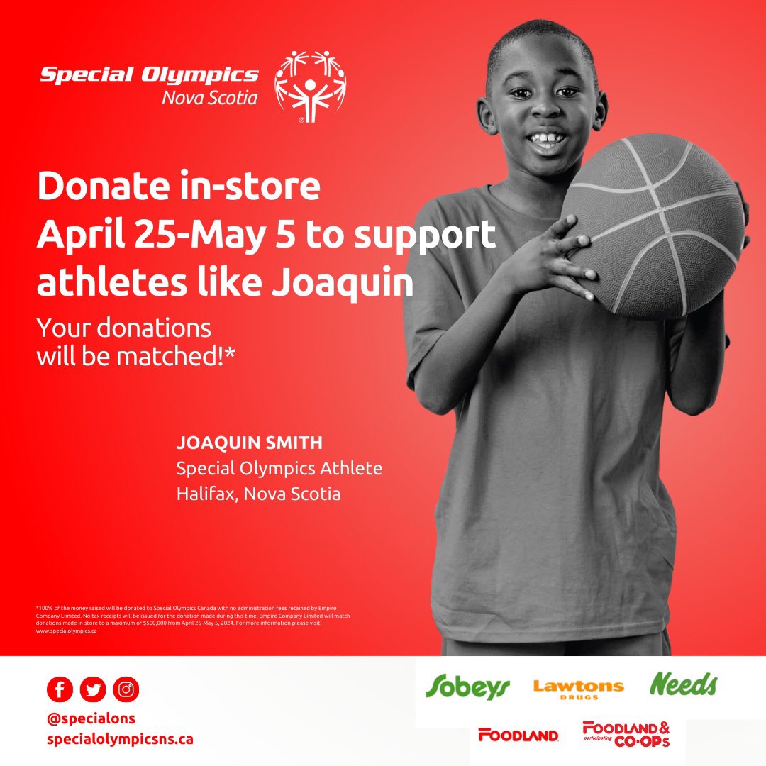 “During the program, Joaquin gets a chance to play sports and interact with other children with intellectual disabilities.” Empire Company Limited (Sobeys Inc.) banner stores want to raise $1 million for Special Olympics athletes like Joaquin. Donate in-store April 25-May 5!