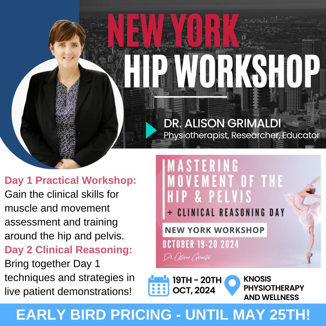 Great to be heading to New York again this year to present 2 days of hip workshops & live clinical reasoning at Knosis Centre for Physiotherapy and Wellness. EARLY BIRD PRICING Until 25th May!!! So get in quick: dralisongrimaldi.com/event/masterin…