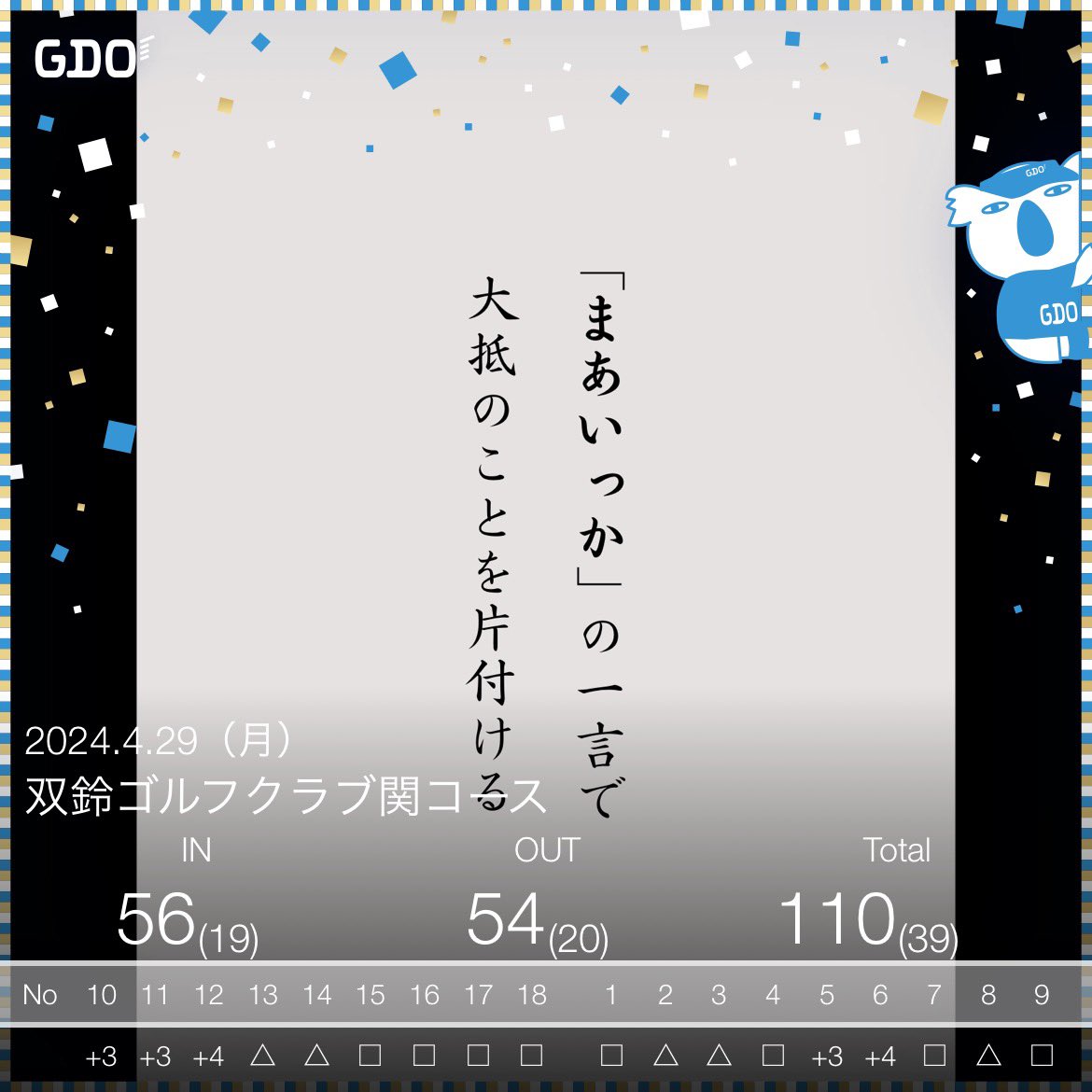 癒しの双鈴
もう少しで110切れたのにー。残念🫤

ゴルフ友達が「ノブちゃんも同じコースばっか行けば100切れるよ。簡単なとこで。」と助言してくれたから信じます😁😁

しかしゴルフは楽しいなぁ
練習頑張ろ🎶