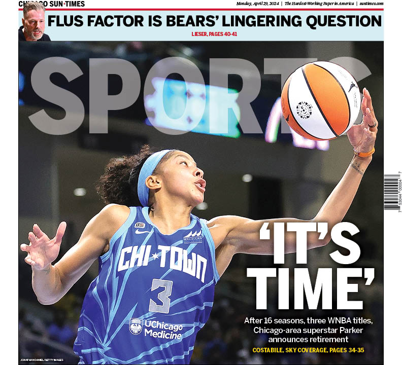 The @suntimes_sports cover, featuring Candace Parker, who announced her retirement after 16 seasons and three WNBA championships, including one with the Sky, by @AnnieCostabile. trib.al/4zVIWUs