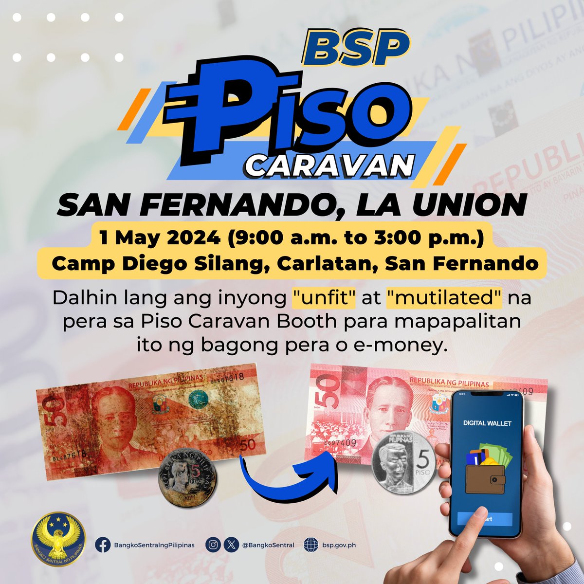 PISO CARAVAN GOES TO SAN FERNANDO CITY, LA UNION! 📌 ⏰ Magkita-kita tayo sa May 1, 2024, sa Camp Diego Silang, Carlatan, San Fernando, La Union, mula 9:00 a.m. hanggang 3:00 p.m.